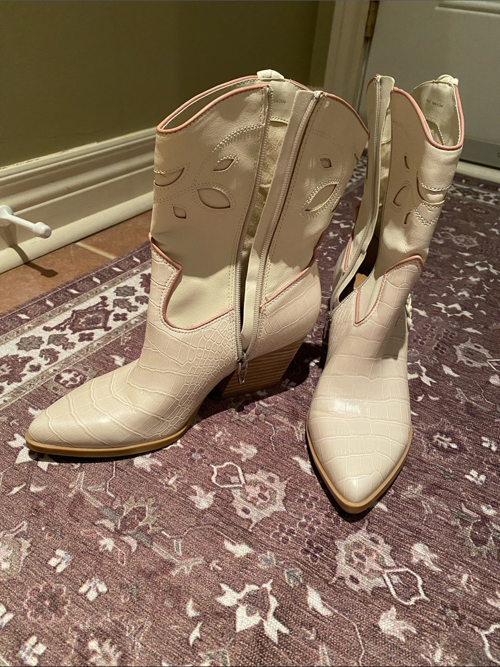 Dolce Vita Cream Croc-Embossed Western Ankle Boots with Pink Trim